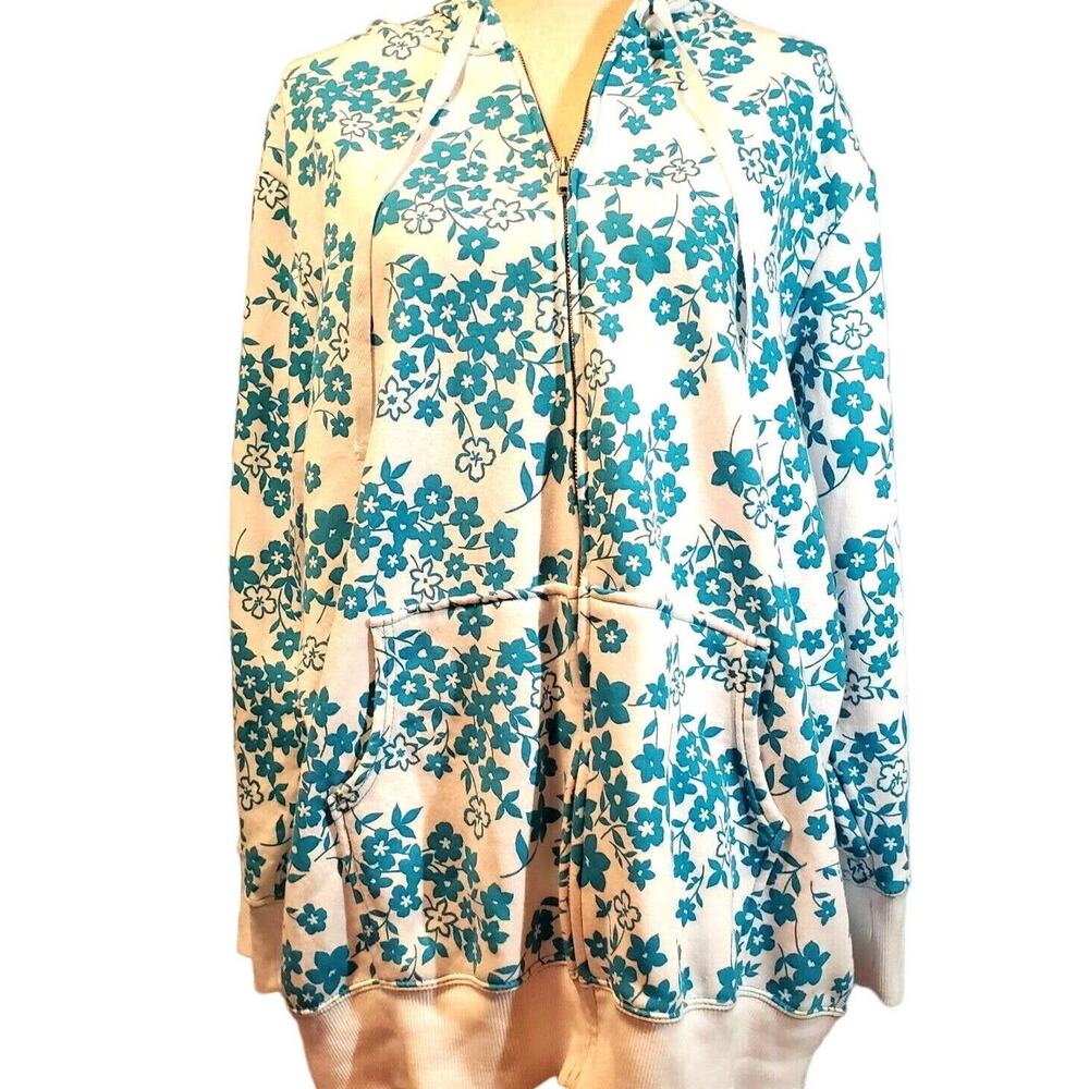 All American Comfort Floral Hoodie Jacket Plus Size 1X Blue White Fleece Cottage